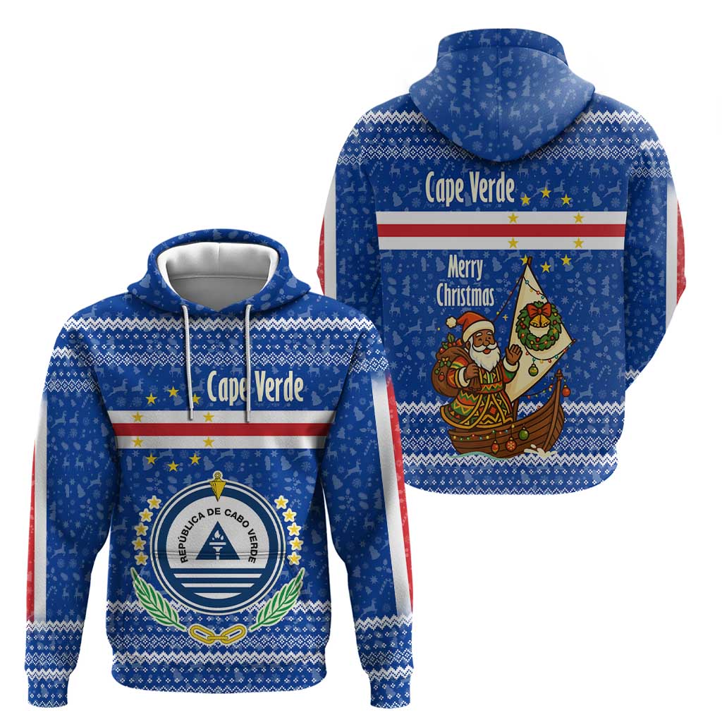 Cape Verde Christmas Zip Hoodie with Blue Festive Pattern Sailing Santa and National Emblem Motif - Wonder Print Shop