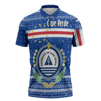 Cape Verde Christmas Zipper Polo Shirt with Blue Festive Pattern Sailing Santa and National Emblem Motif - Wonder Print Shop