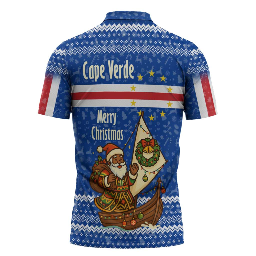 Cape Verde Christmas Zipper Polo Shirt with Blue Festive Pattern Sailing Santa and National Emblem Motif - Wonder Print Shop