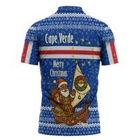 Cape Verde Christmas Zipper Polo Shirt with Blue Festive Pattern Sailing Santa and National Emblem Motif - Wonder Print Shop