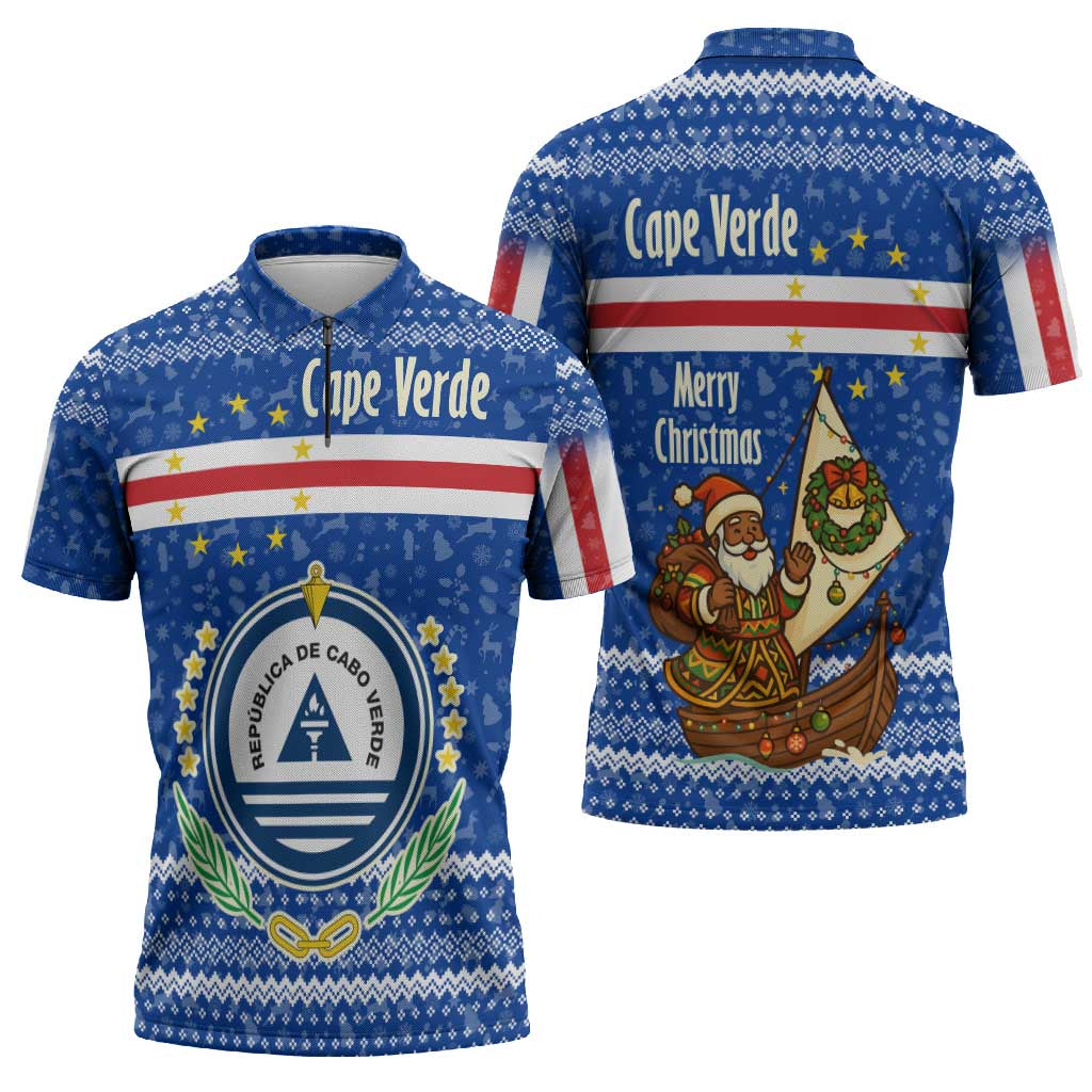 Cape Verde Christmas Zipper Polo Shirt with Blue Festive Pattern Sailing Santa and National Emblem Motif - Wonder Print Shop