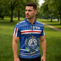 Cape Verde Christmas Zipper Polo Shirt with Blue Festive Pattern Sailing Santa and National Emblem Motif - Wonder Print Shop