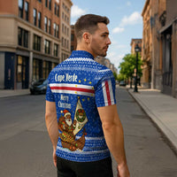 Cape Verde Christmas Zipper Polo Shirt with Blue Festive Pattern Sailing Santa and National Emblem Motif - Wonder Print Shop