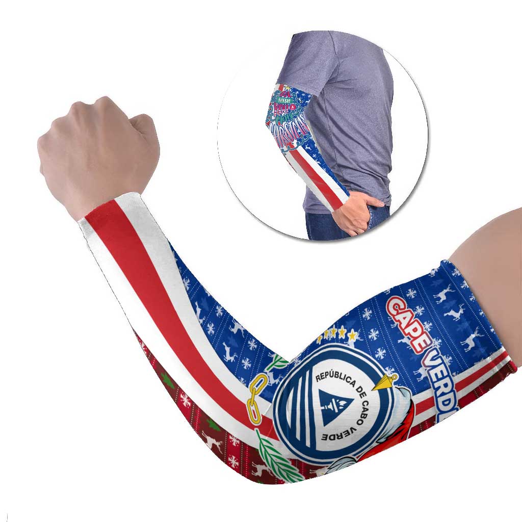 Cape Verde Christmas Arm Sleeves with Red and Blue Festive Pattern Christmas Tree and National Emblem Motif - Wonder Print Shop