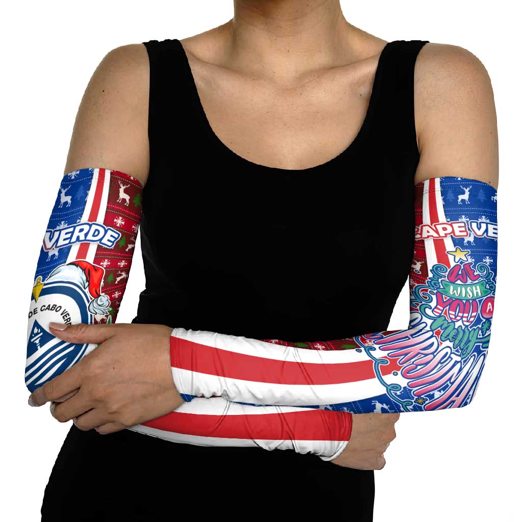 Cape Verde Christmas Arm Sleeves with Red and Blue Festive Pattern Christmas Tree and National Emblem Motif - Wonder Print Shop