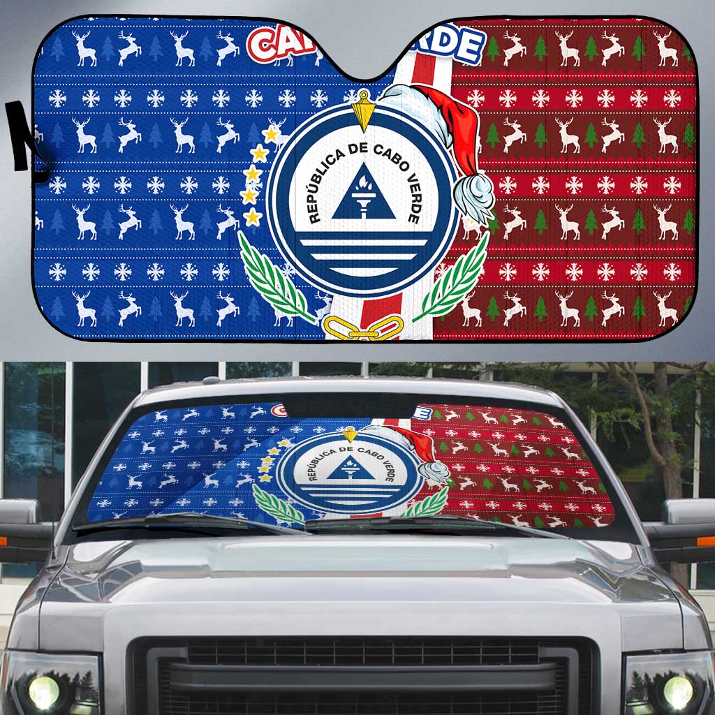 Cape Verde Christmas Auto Sun Shade with Red and Blue Festive Pattern Christmas Tree and National Emblem Motif - Wonder Print Shop