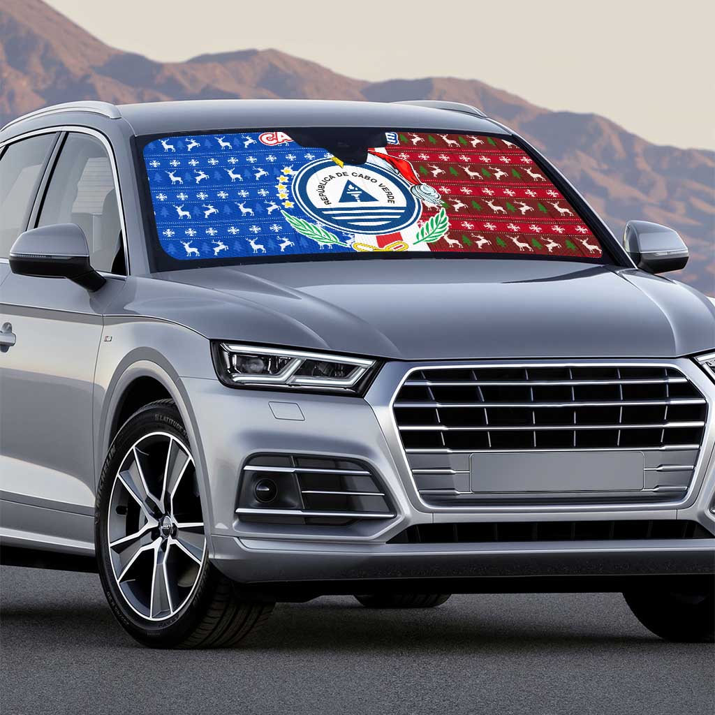Cape Verde Christmas Auto Sun Shade with Red and Blue Festive Pattern Christmas Tree and National Emblem Motif - Wonder Print Shop