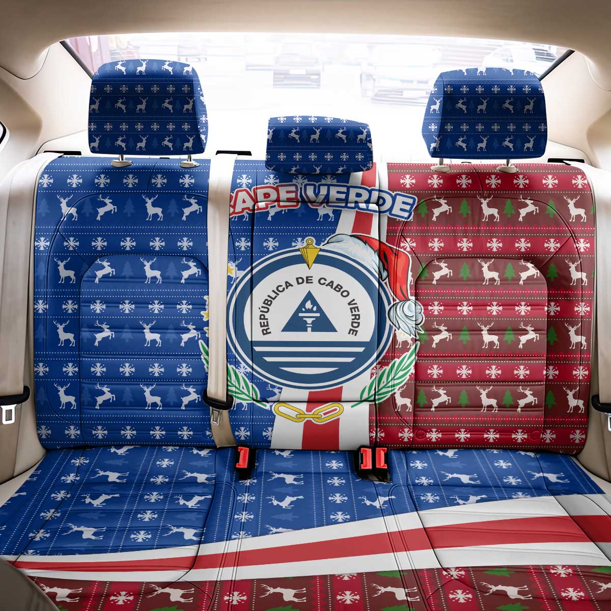 Cape Verde Christmas Back Car Seat Cover with Red and Blue Festive Pattern Christmas Tree and National Emblem Motif - Wonder Print Shop