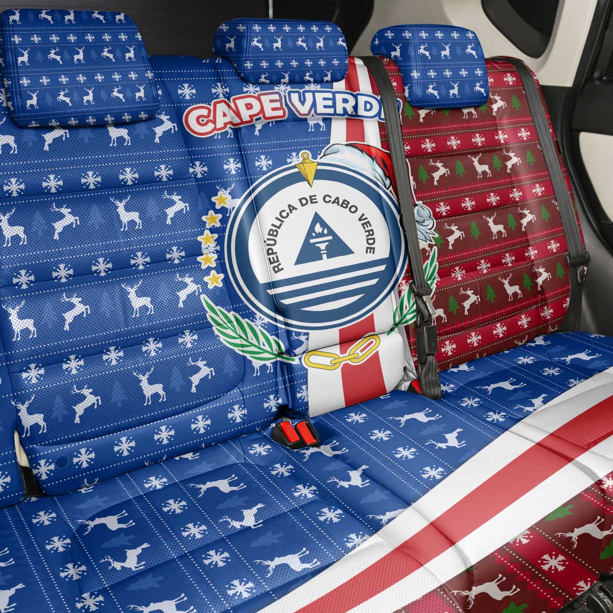 Cape Verde Christmas Back Car Seat Cover with Red and Blue Festive Pattern Christmas Tree and National Emblem Motif - Wonder Print Shop