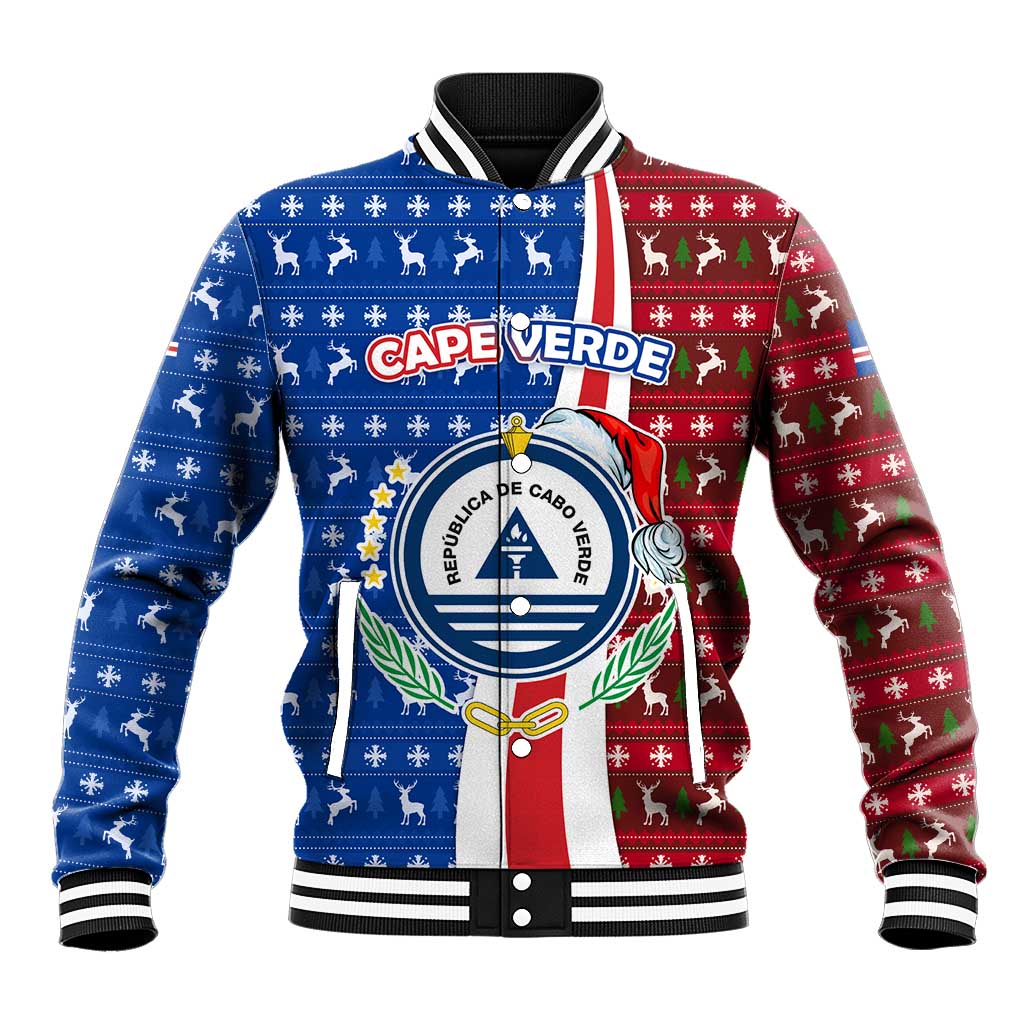 Cape Verde Christmas Baseball Jacket with Red and Blue Festive Pattern Christmas Tree and National Emblem Motif - Wonder Print Shop