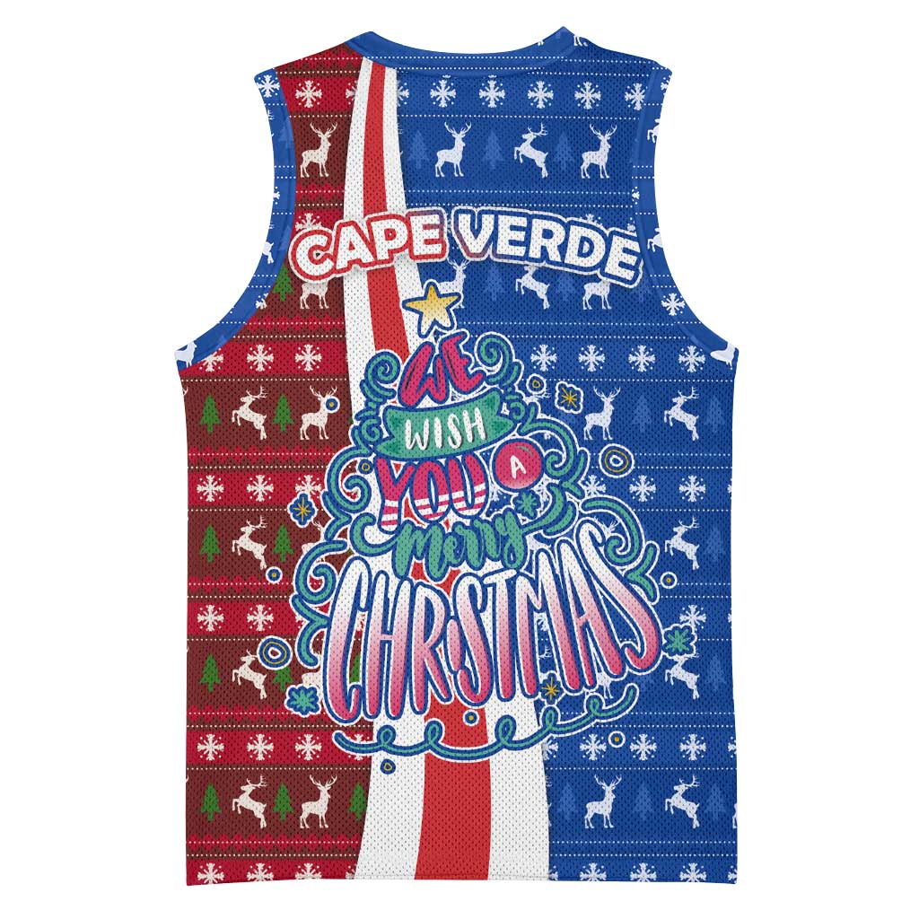 Cape Verde Christmas Basketball Jersey with Red and Blue Festive Pattern Christmas Tree and National Emblem Motif - Wonder Print Shop