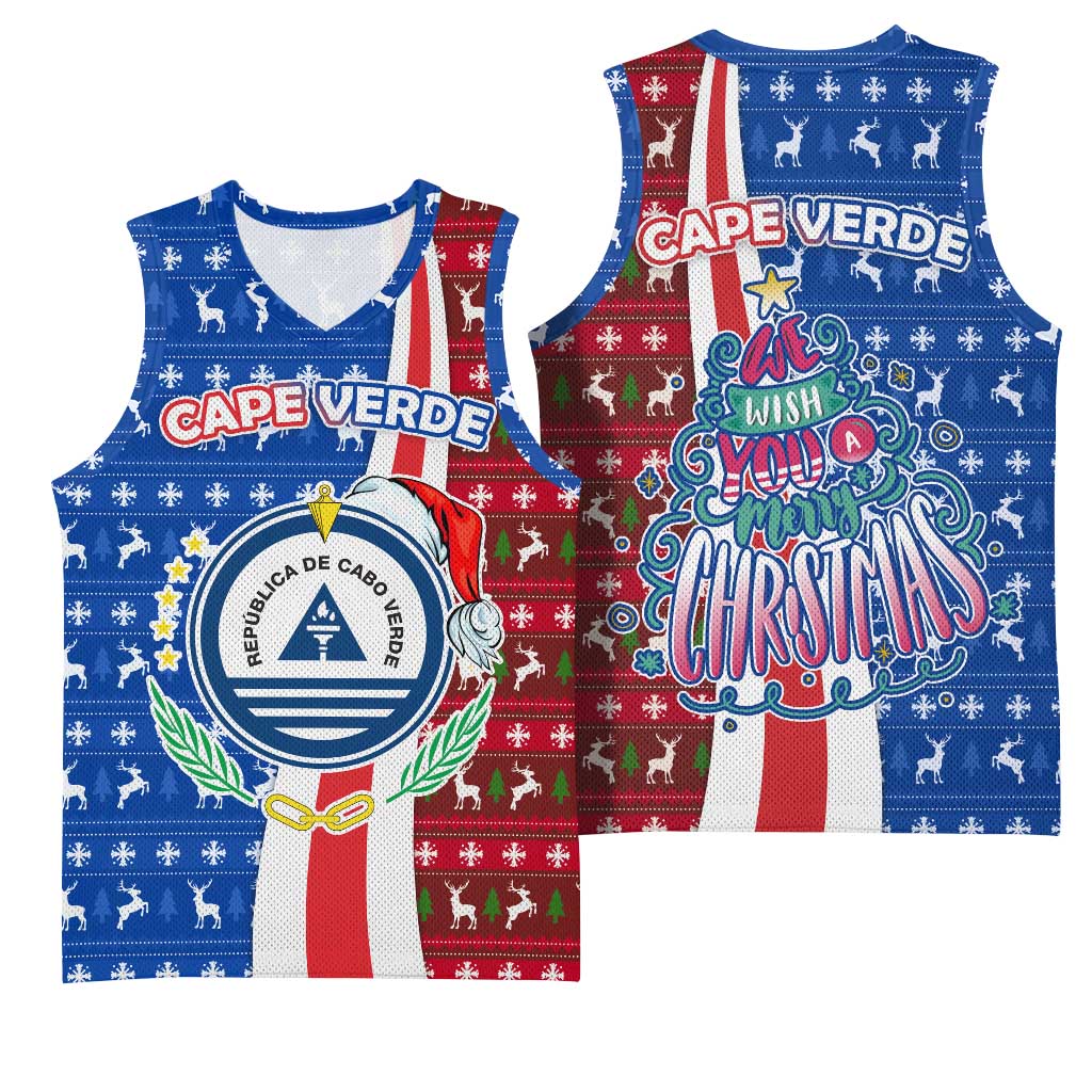 Cape Verde Christmas Basketball Jersey with Red and Blue Festive Pattern Christmas Tree and National Emblem Motif - Wonder Print Shop