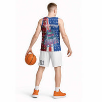 Cape Verde Christmas Basketball Jersey with Red and Blue Festive Pattern Christmas Tree and National Emblem Motif - Wonder Print Shop