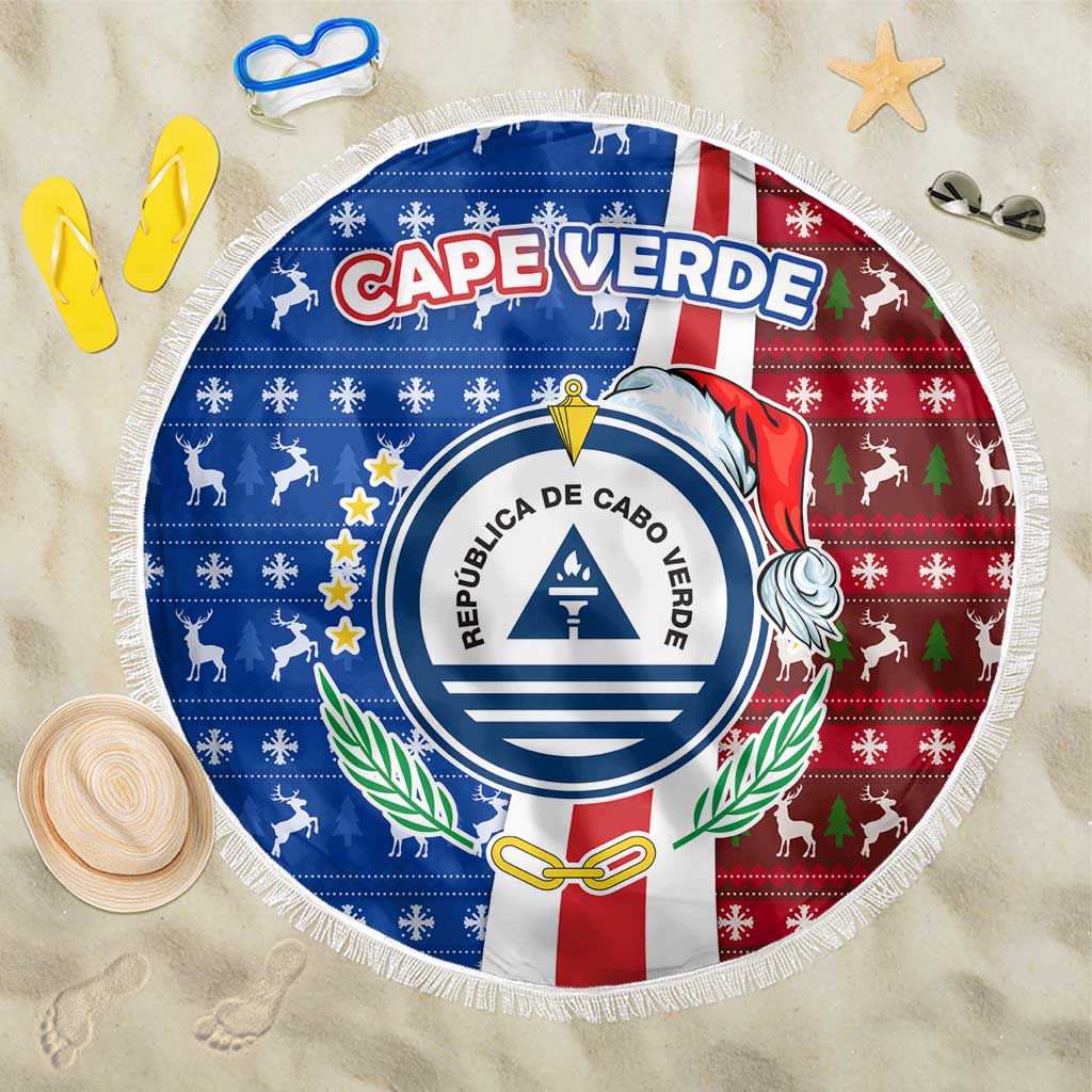 Cape Verde Christmas Beach Blanket with Red and Blue Festive Pattern Christmas Tree and National Emblem Motif - Wonder Print Shop