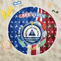 Cape Verde Christmas Beach Blanket with Red and Blue Festive Pattern Christmas Tree and National Emblem Motif - Wonder Print Shop