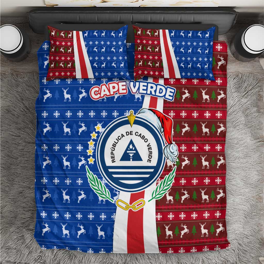 Cape Verde Christmas Bedding Set with Red and Blue Festive Pattern Christmas Tree and National Emblem Motif - Wonder Print Shop