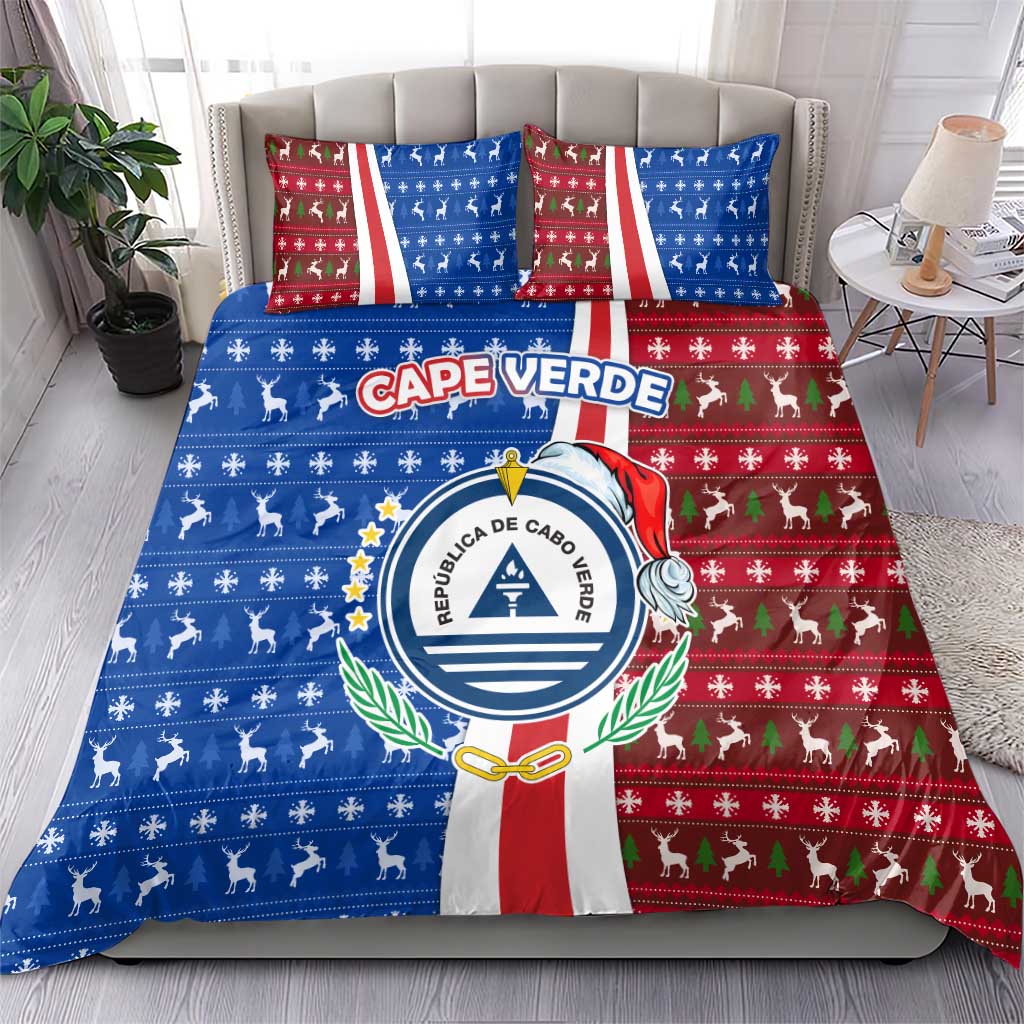 Cape Verde Christmas Bedding Set with Red and Blue Festive Pattern Christmas Tree and National Emblem Motif - Wonder Print Shop