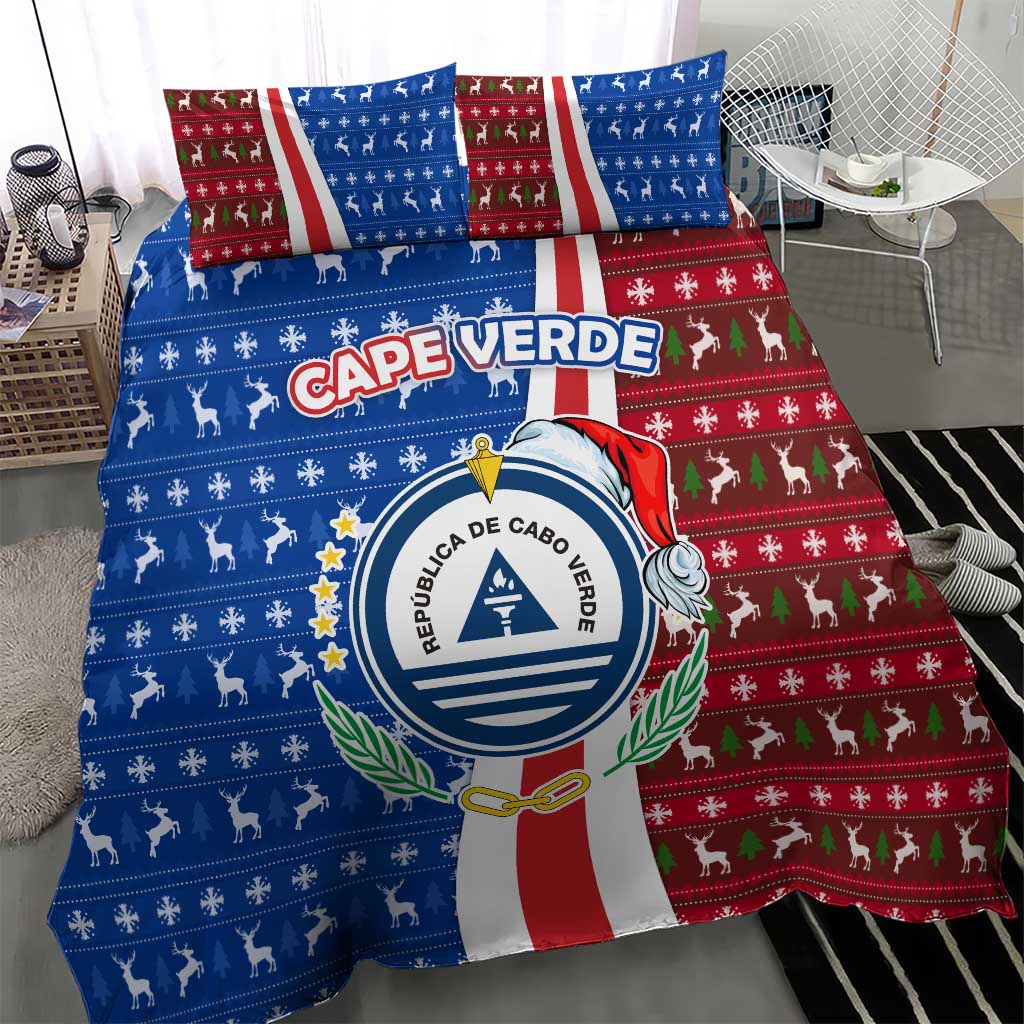 Cape Verde Christmas Bedding Set with Red and Blue Festive Pattern Christmas Tree and National Emblem Motif - Wonder Print Shop