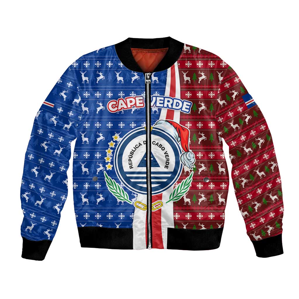 Cape Verde Christmas Bomber Jacket with Red and Blue Festive Pattern Christmas Tree and National Emblem Motif - Wonder Print Shop
