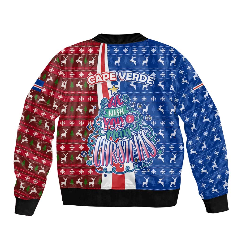 Cape Verde Christmas Bomber Jacket with Red and Blue Festive Pattern Christmas Tree and National Emblem Motif - Wonder Print Shop