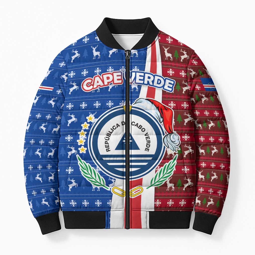 Cape Verde Christmas Bomber Puffer Jacket with Red and Blue Festive Pattern Christmas Tree and National Emblem Motif - Wonder Print Shop