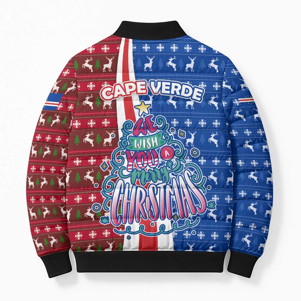 Cape Verde Christmas Bomber Puffer Jacket with Red and Blue Festive Pattern Christmas Tree and National Emblem Motif - Wonder Print Shop