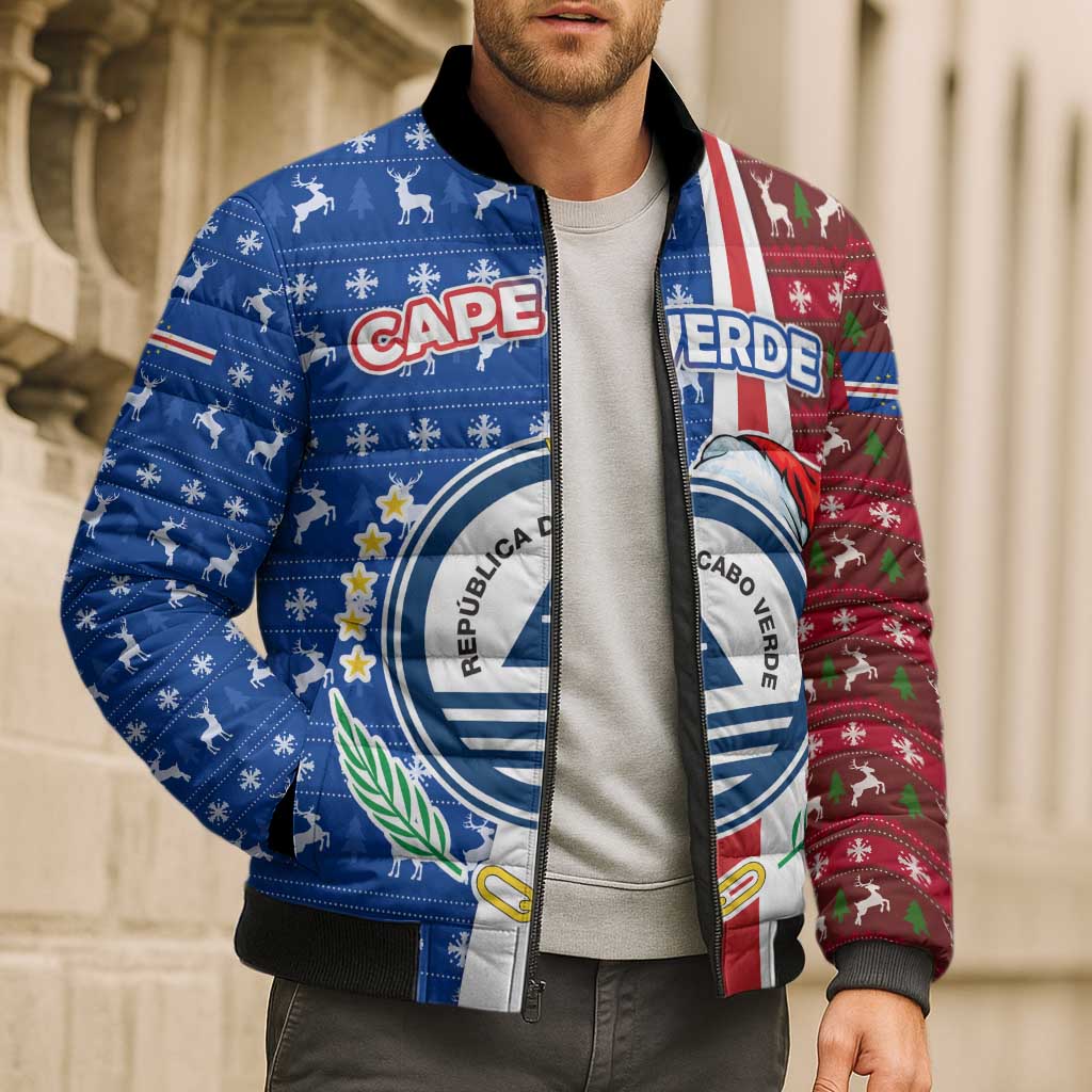 Cape Verde Christmas Bomber Puffer Jacket with Red and Blue Festive Pattern Christmas Tree and National Emblem Motif - Wonder Print Shop