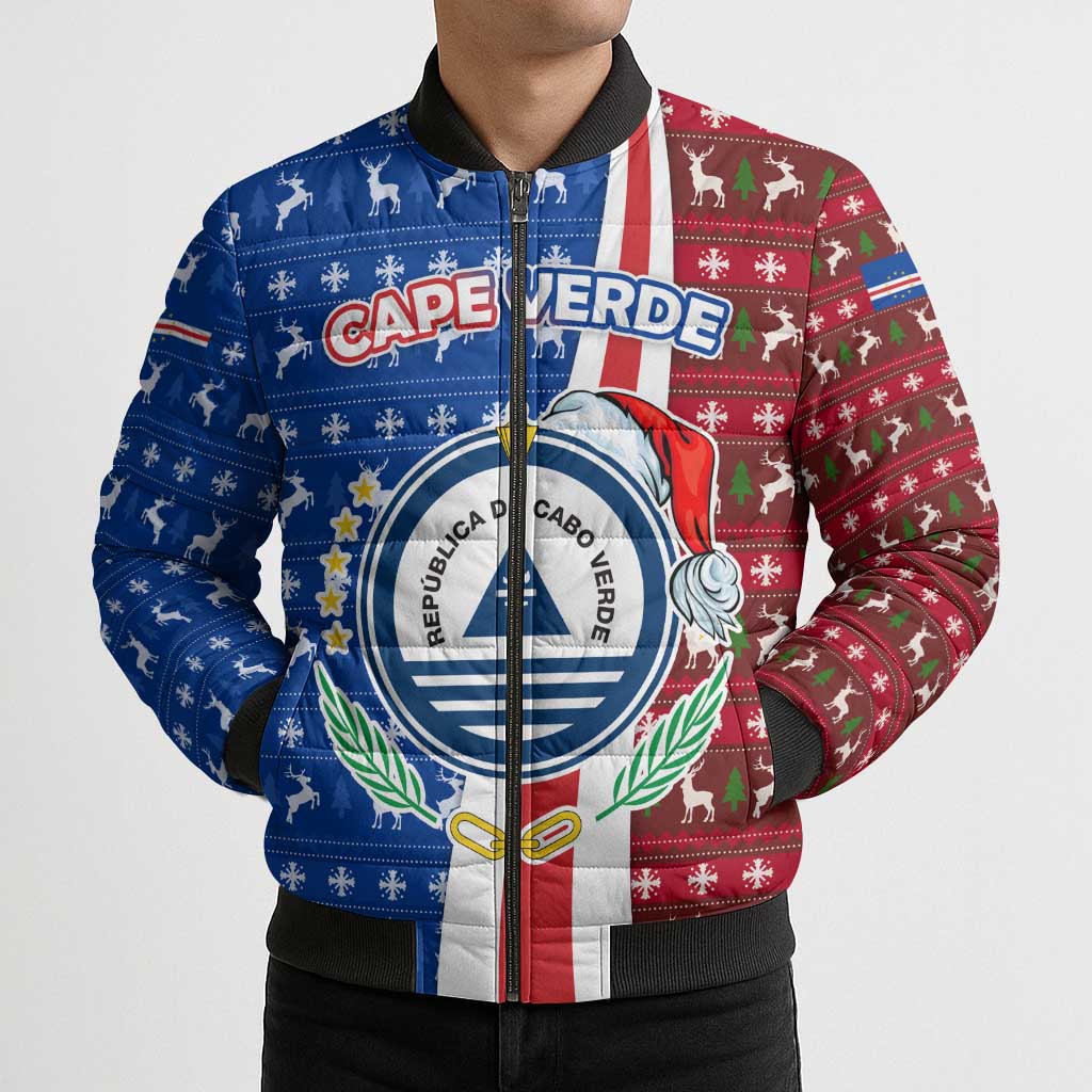 Cape Verde Christmas Bomber Puffer Jacket with Red and Blue Festive Pattern Christmas Tree and National Emblem Motif - Wonder Print Shop