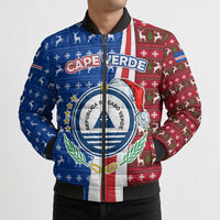 Cape Verde Christmas Bomber Puffer Jacket with Red and Blue Festive Pattern Christmas Tree and National Emblem Motif - Wonder Print Shop