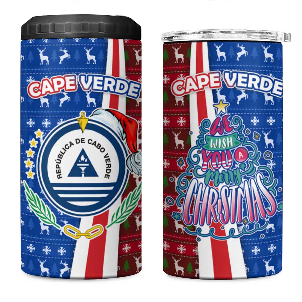 Cape Verde Christmas 4 in 1 Can Cooler Tumbler with Red and Blue Festive Pattern Christmas Tree and National Emblem Motif - Wonder Print Shop