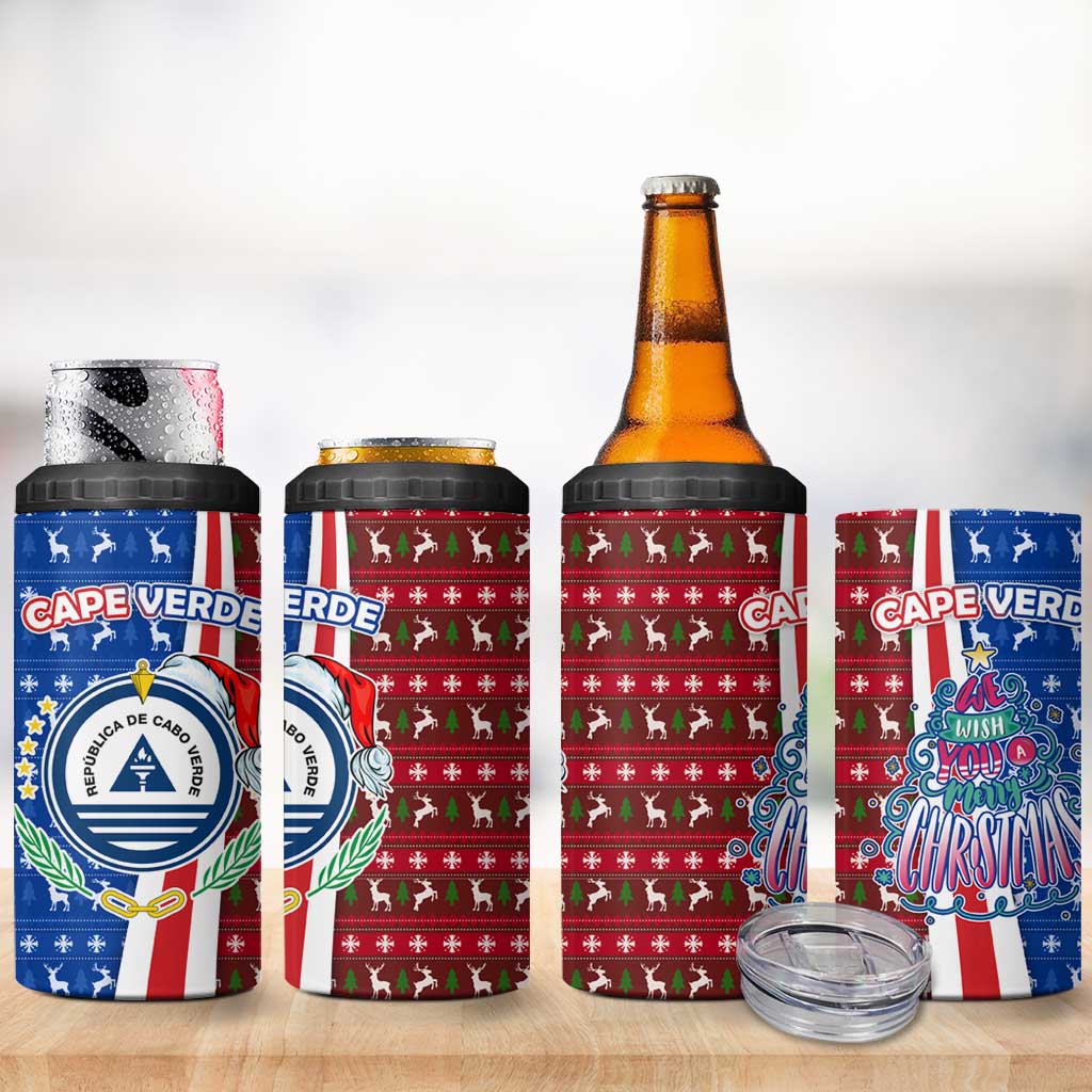 Cape Verde Christmas 4 in 1 Can Cooler Tumbler with Red and Blue Festive Pattern Christmas Tree and National Emblem Motif - Wonder Print Shop