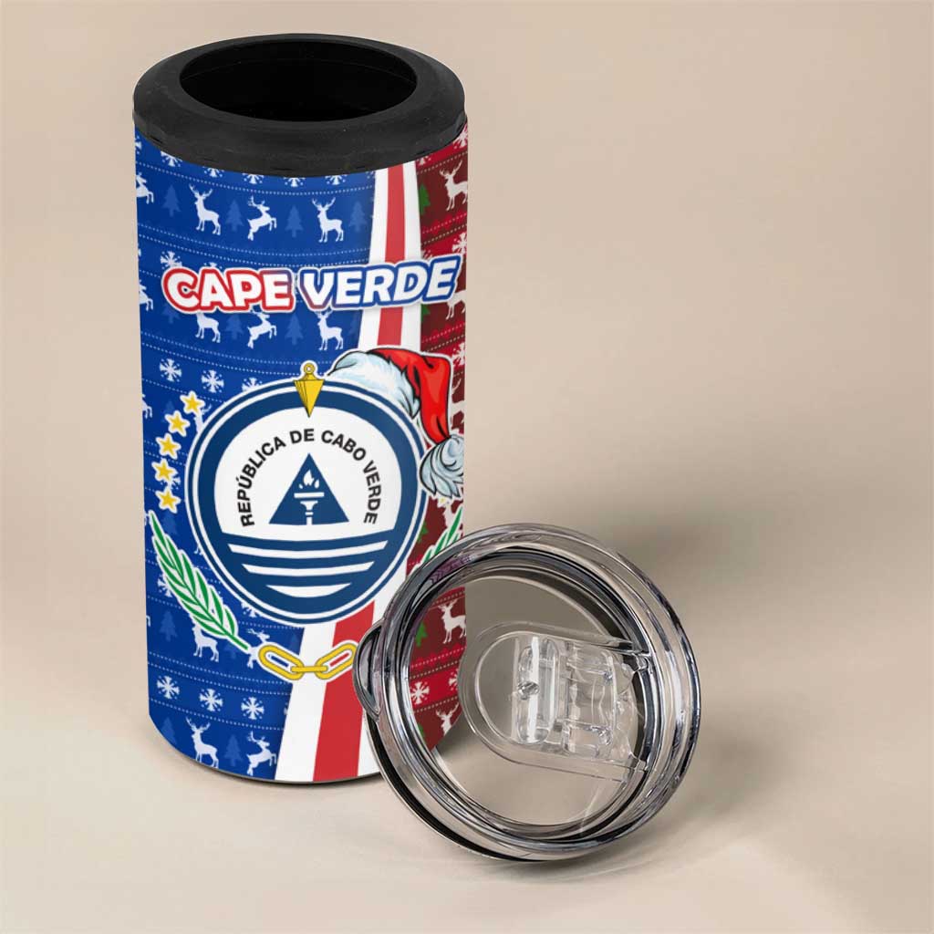 Cape Verde Christmas 4 in 1 Can Cooler Tumbler with Red and Blue Festive Pattern Christmas Tree and National Emblem Motif - Wonder Print Shop