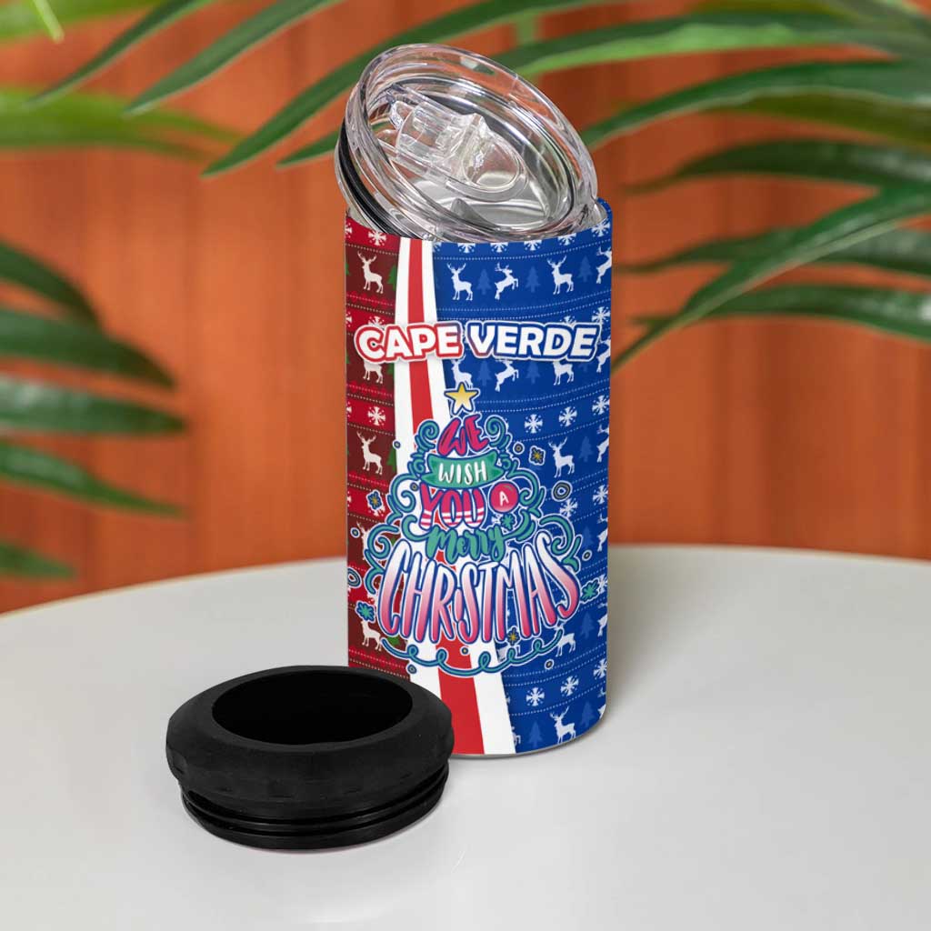 Cape Verde Christmas 4 in 1 Can Cooler Tumbler with Red and Blue Festive Pattern Christmas Tree and National Emblem Motif - Wonder Print Shop
