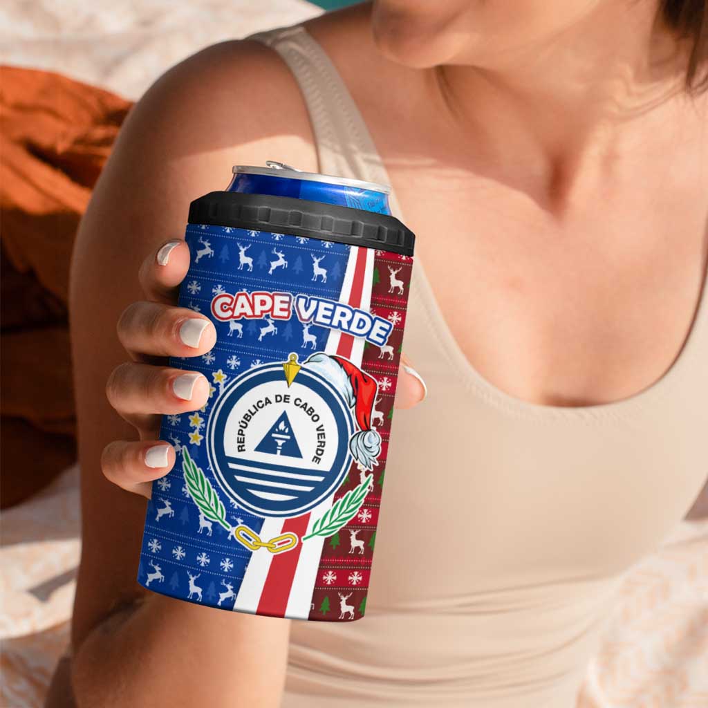Cape Verde Christmas 4 in 1 Can Cooler Tumbler with Red and Blue Festive Pattern Christmas Tree and National Emblem Motif - Wonder Print Shop