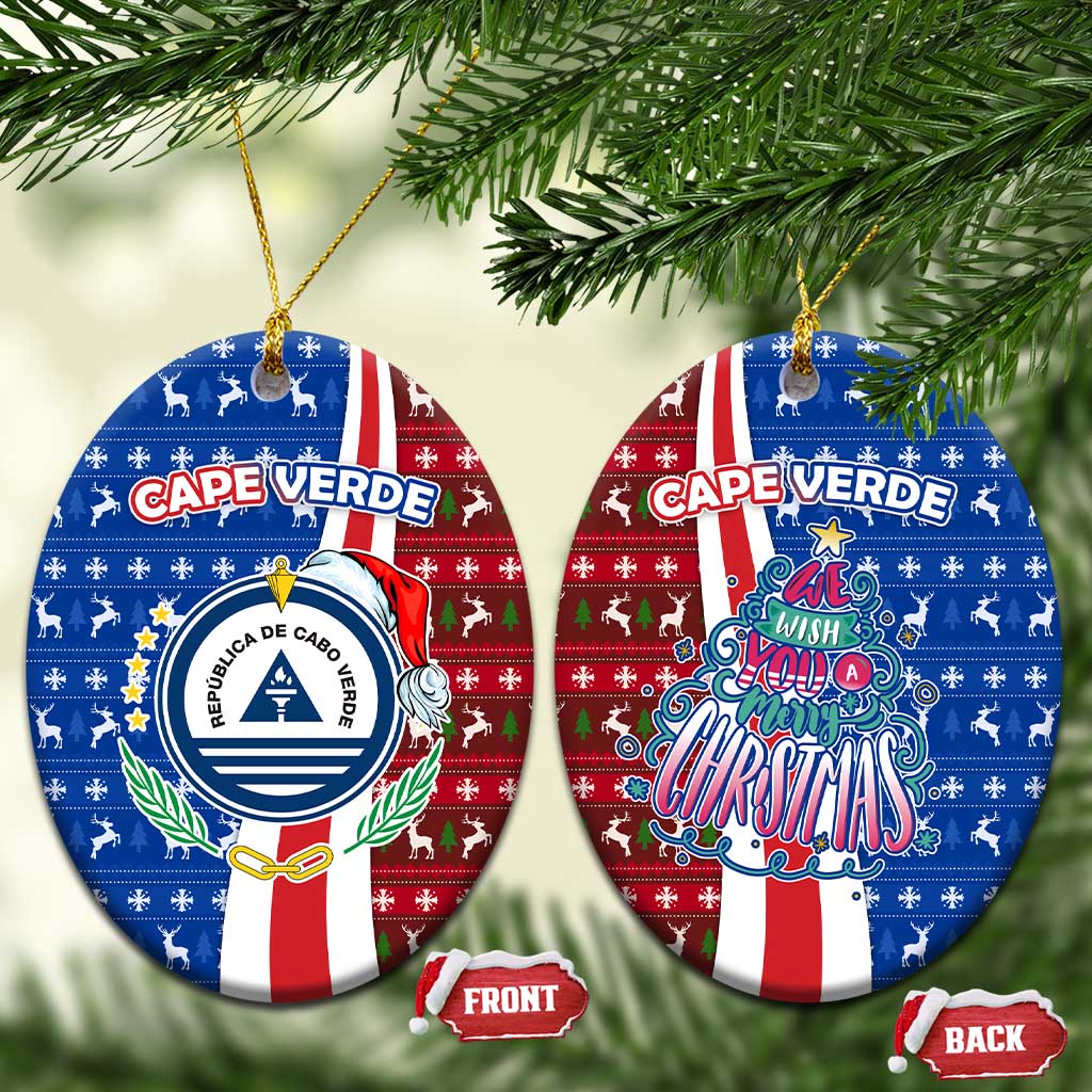 Cape Verde Christmas Ceramic Ornament with Red and Blue Festive Pattern Christmas Tree and National Emblem Motif - Wonder Print Shop