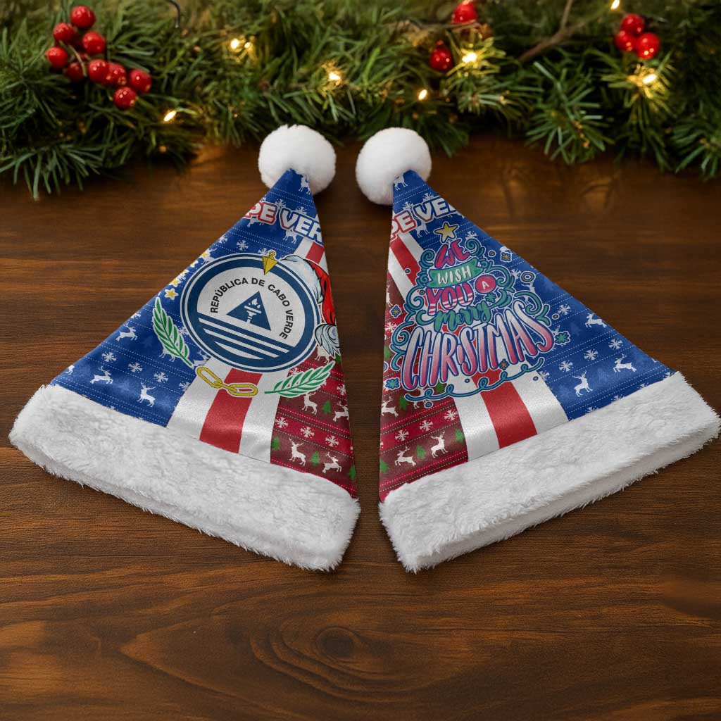 Cape Verde Christmas Santa Hat with Red and Blue Festive Pattern Christmas Tree and National Emblem Motif - Wonder Print Shop