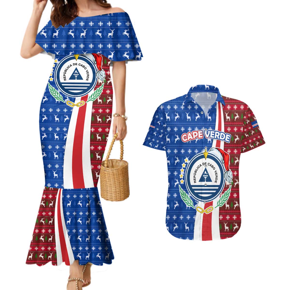 Cape Verde Christmas Couples Matching Mermaid Dress and Hawaiian Shirt with Red and Blue Festive Pattern Christmas Tree and National Emblem Motif - Wonder Print Shop