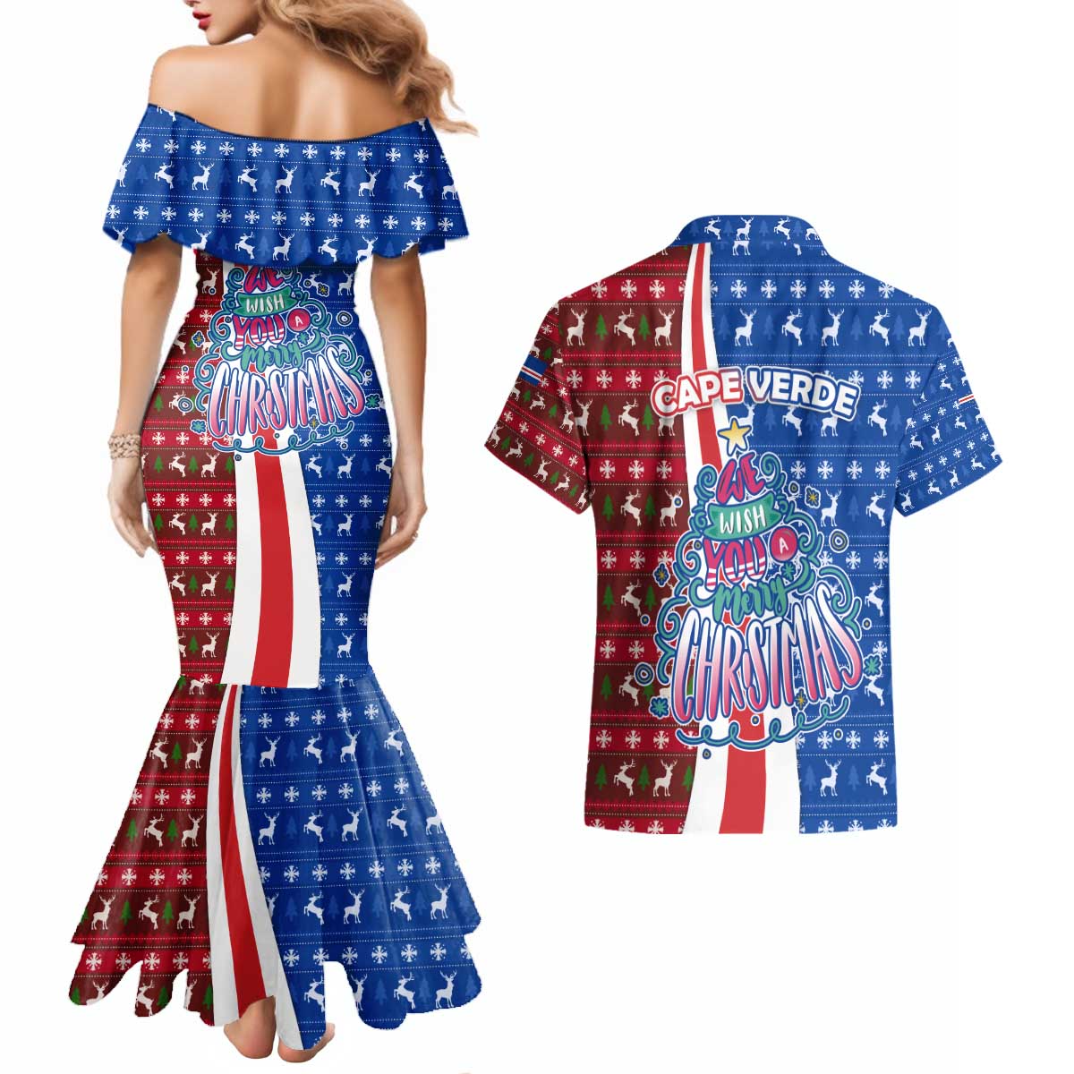 Cape Verde Christmas Couples Matching Mermaid Dress and Hawaiian Shirt with Red and Blue Festive Pattern Christmas Tree and National Emblem Motif - Wonder Print Shop