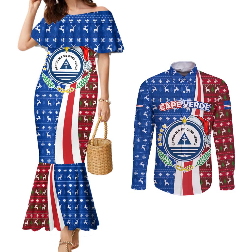 Cape Verde Christmas Couples Matching Mermaid Dress and Long Sleeve Button Shirt with Red and Blue Festive Pattern Christmas Tree and National Emblem Motif - Wonder Print Shop
