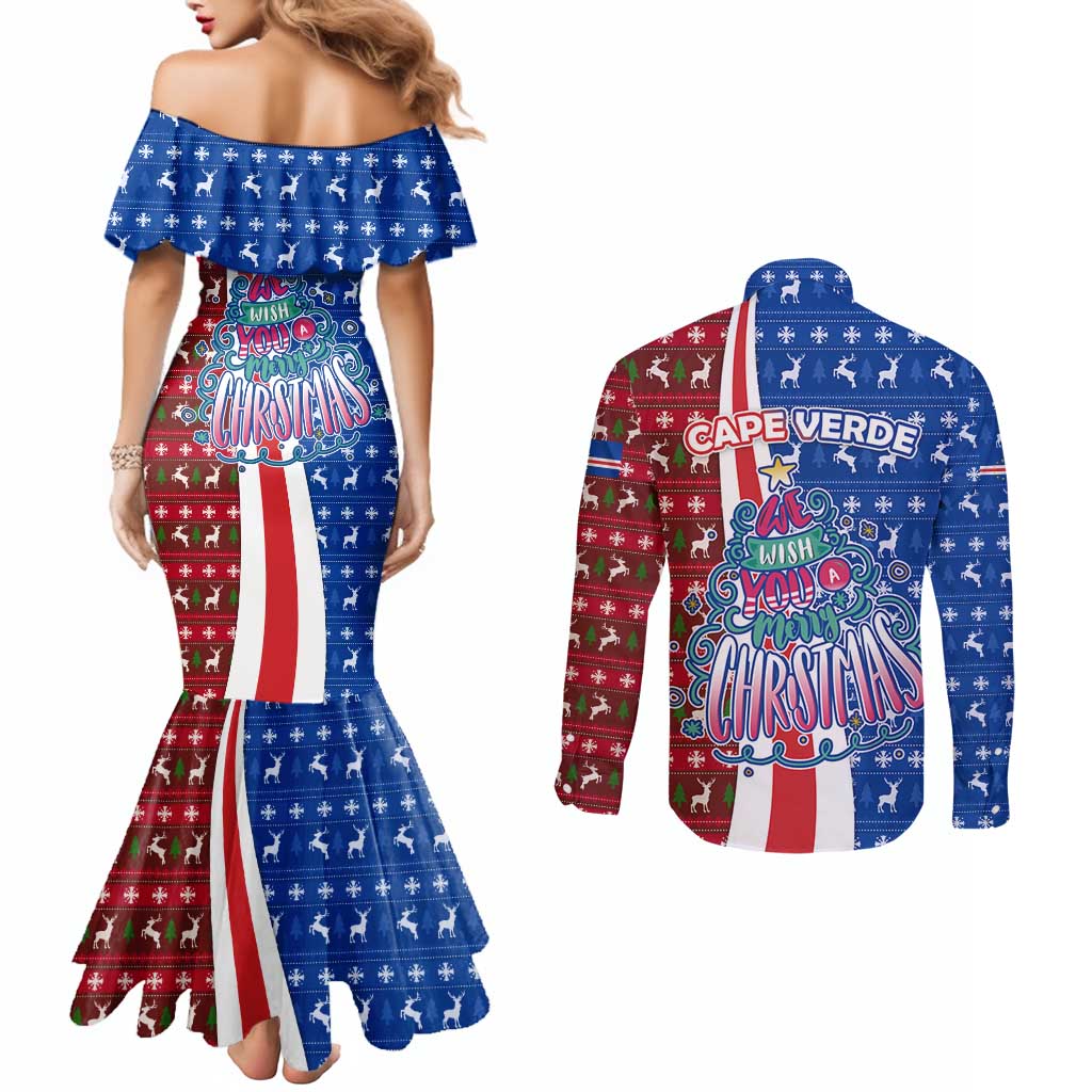 Cape Verde Christmas Couples Matching Mermaid Dress and Long Sleeve Button Shirt with Red and Blue Festive Pattern Christmas Tree and National Emblem Motif - Wonder Print Shop