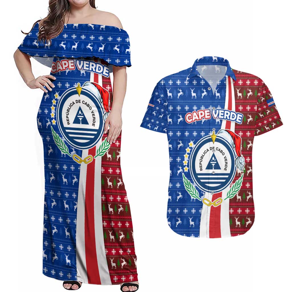 Cape Verde Christmas Couples Matching Off Shoulder Maxi Dress and Hawaiian Shirt with Red and Blue Festive Pattern Christmas Tree and National Emblem Motif - Wonder Print Shop