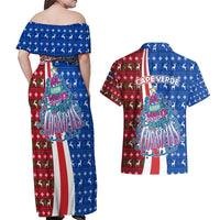 Cape Verde Christmas Couples Matching Off Shoulder Maxi Dress and Hawaiian Shirt with Red and Blue Festive Pattern Christmas Tree and National Emblem Motif - Wonder Print Shop