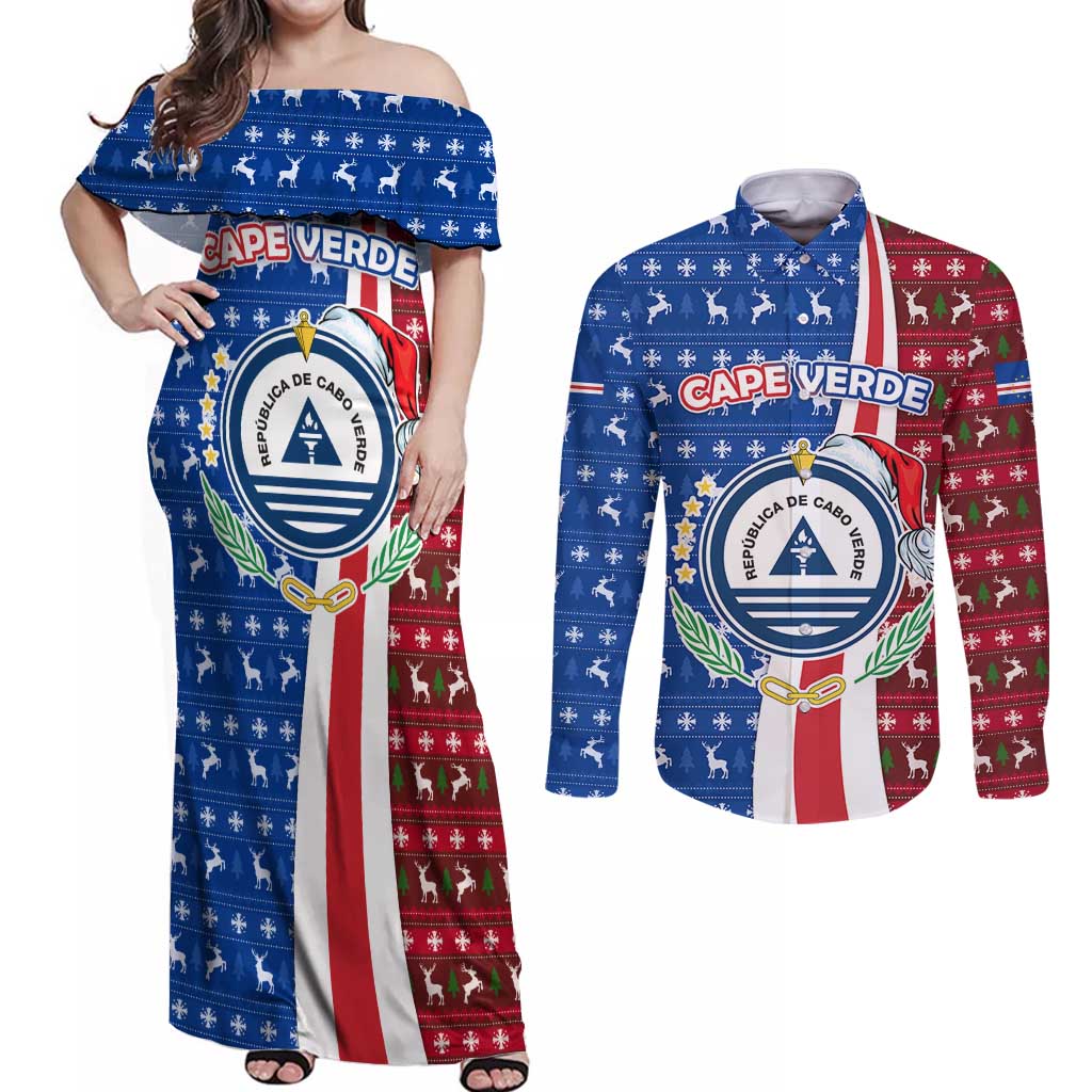 Cape Verde Christmas Couples Matching Off Shoulder Maxi Dress and Long Sleeve Button Shirt with Red and Blue Festive Pattern Christmas Tree and National Emblem Motif - Wonder Print Shop