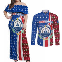 Cape Verde Christmas Couples Matching Off Shoulder Maxi Dress and Long Sleeve Button Shirt with Red and Blue Festive Pattern Christmas Tree and National Emblem Motif - Wonder Print Shop