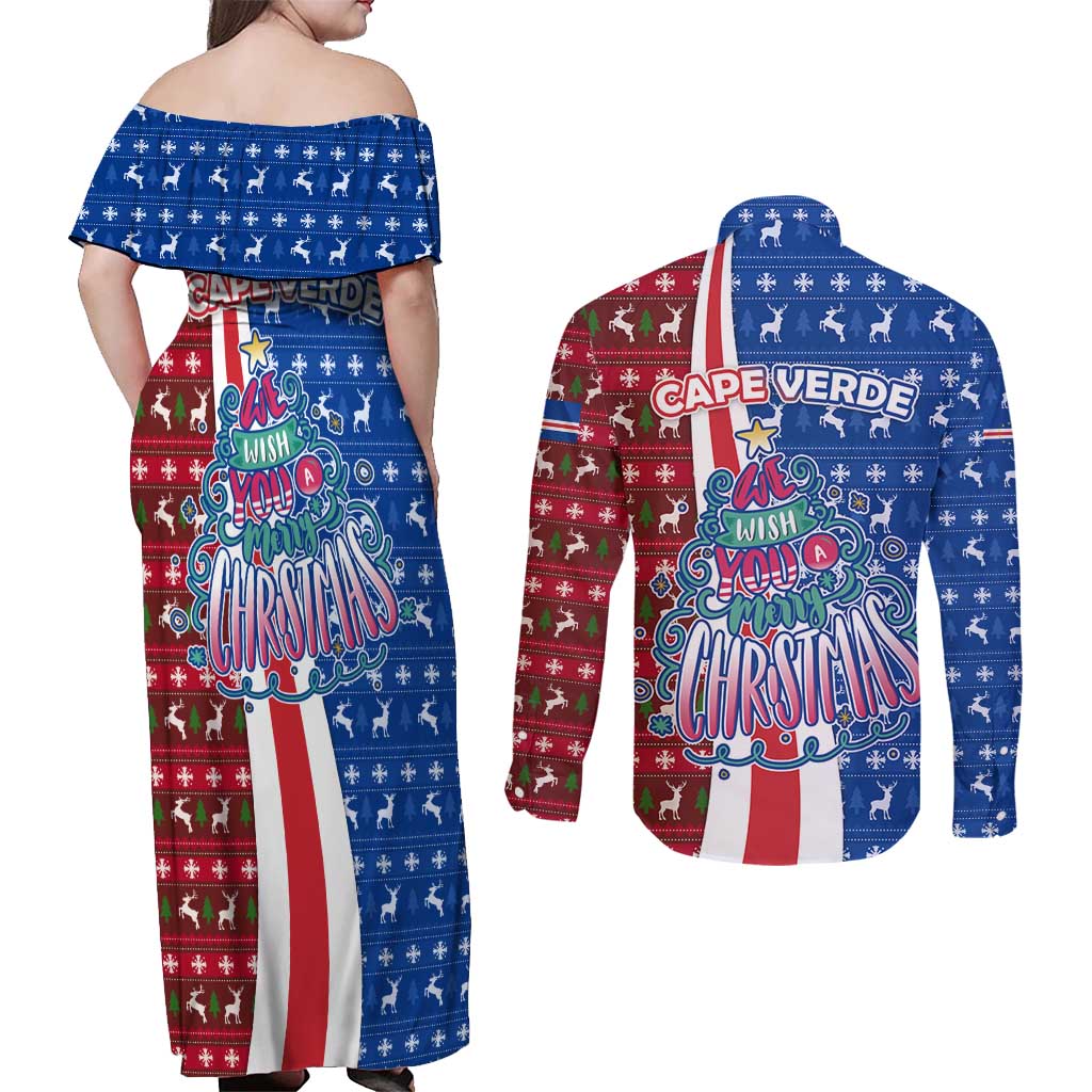 Cape Verde Christmas Couples Matching Off Shoulder Maxi Dress and Long Sleeve Button Shirt with Red and Blue Festive Pattern Christmas Tree and National Emblem Motif - Wonder Print Shop