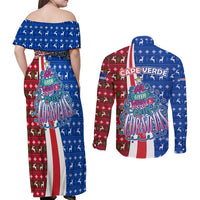 Cape Verde Christmas Couples Matching Off Shoulder Maxi Dress and Long Sleeve Button Shirt with Red and Blue Festive Pattern Christmas Tree and National Emblem Motif - Wonder Print Shop