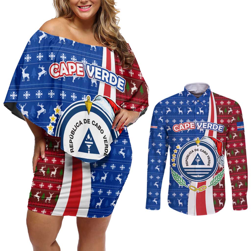 Cape Verde Christmas Couples Matching Off Shoulder Short Dress and Long Sleeve Button Shirt with Red and Blue Festive Pattern Christmas Tree and National Emblem Motif - Wonder Print Shop