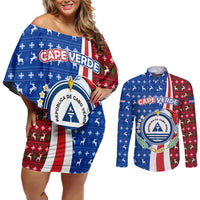 Cape Verde Christmas Couples Matching Off Shoulder Short Dress and Long Sleeve Button Shirt with Red and Blue Festive Pattern Christmas Tree and National Emblem Motif - Wonder Print Shop