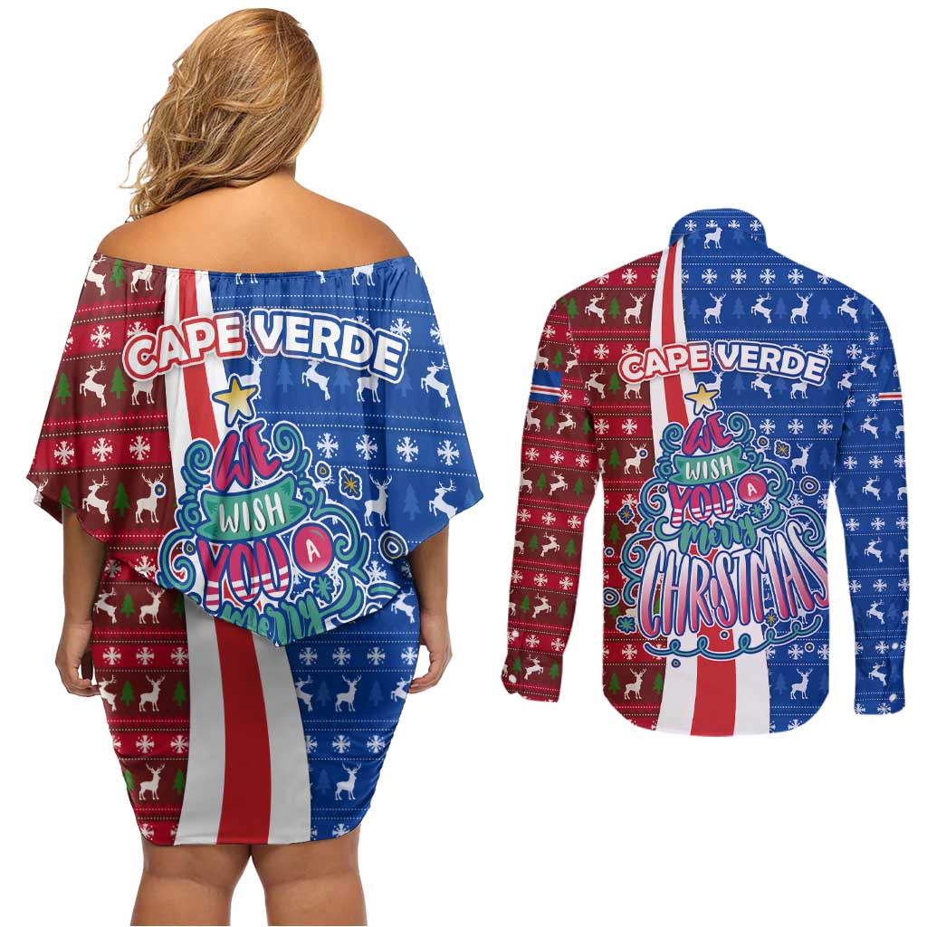 Cape Verde Christmas Couples Matching Off Shoulder Short Dress and Long Sleeve Button Shirt with Red and Blue Festive Pattern Christmas Tree and National Emblem Motif - Wonder Print Shop