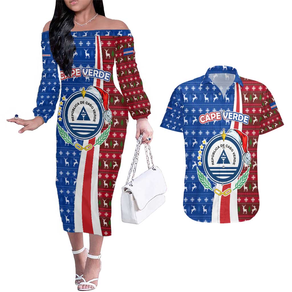 Cape Verde Christmas Couples Matching Off The Shoulder Long Sleeve Dress and Hawaiian Shirt with Red and Blue Festive Pattern Christmas Tree and National Emblem Motif - Wonder Print Shop